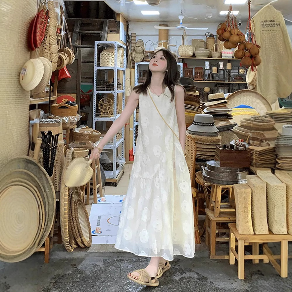 白色レース ノースリーブ ロングワンピース レディース