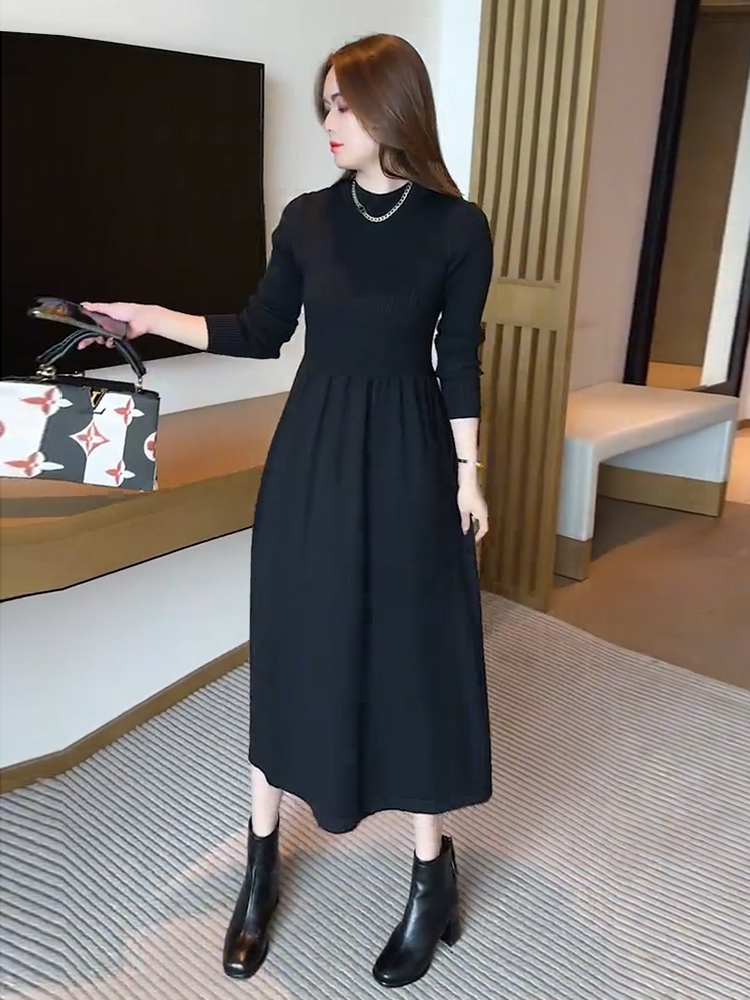 ロングワンピース ニット 上品リブ切替ハイネックニットワンピース