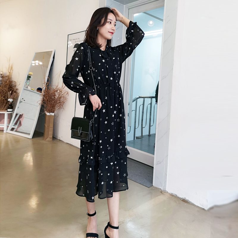 ロングワンピース シャツ 星柄シフォン長袖シャツワンピース