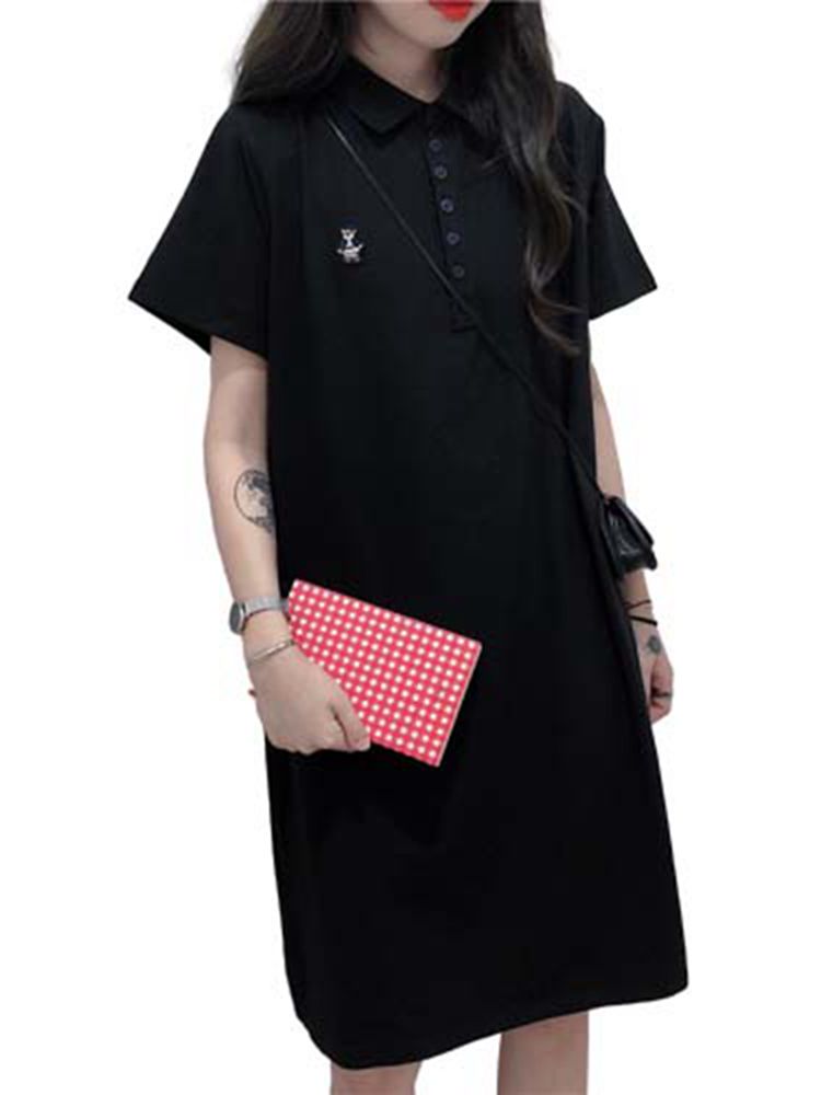 ロングワンピース ポロシャツ 襟付き半袖ゆったりシルエット膝丈ワンピース