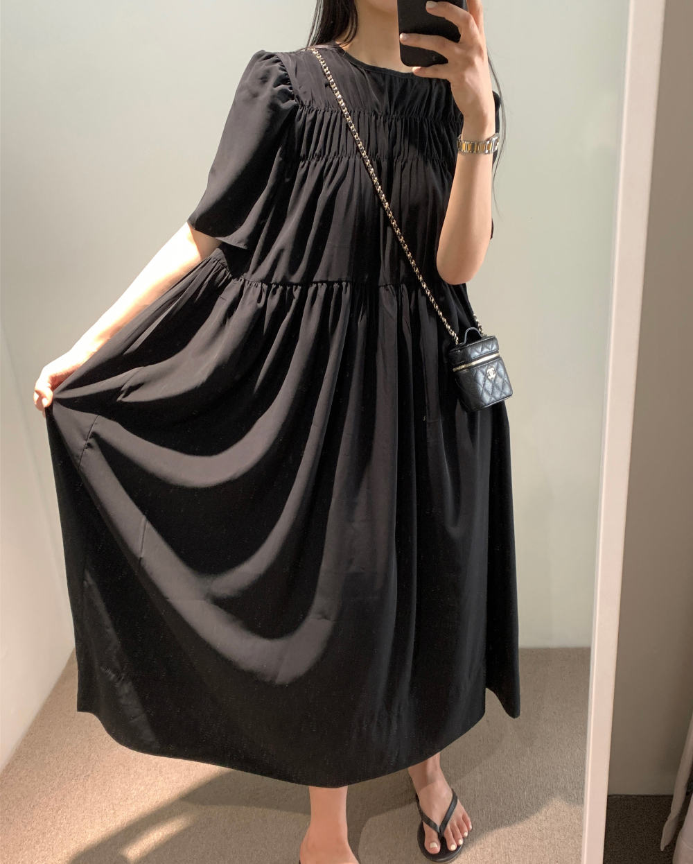 新作フレアパフスリーブロングワンピース気質カジュアル