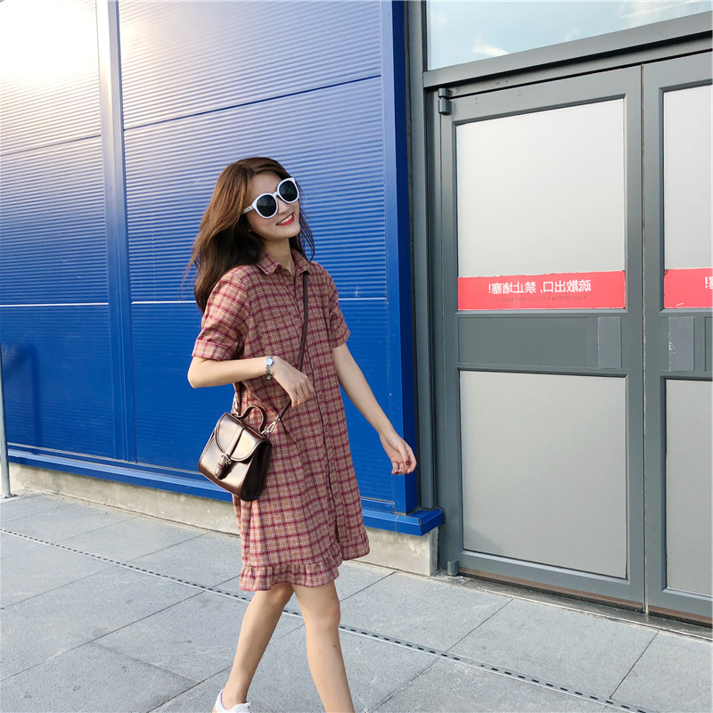 ロングワンピース シャツ チェック柄裾フリル半袖襟付きロングワンピース