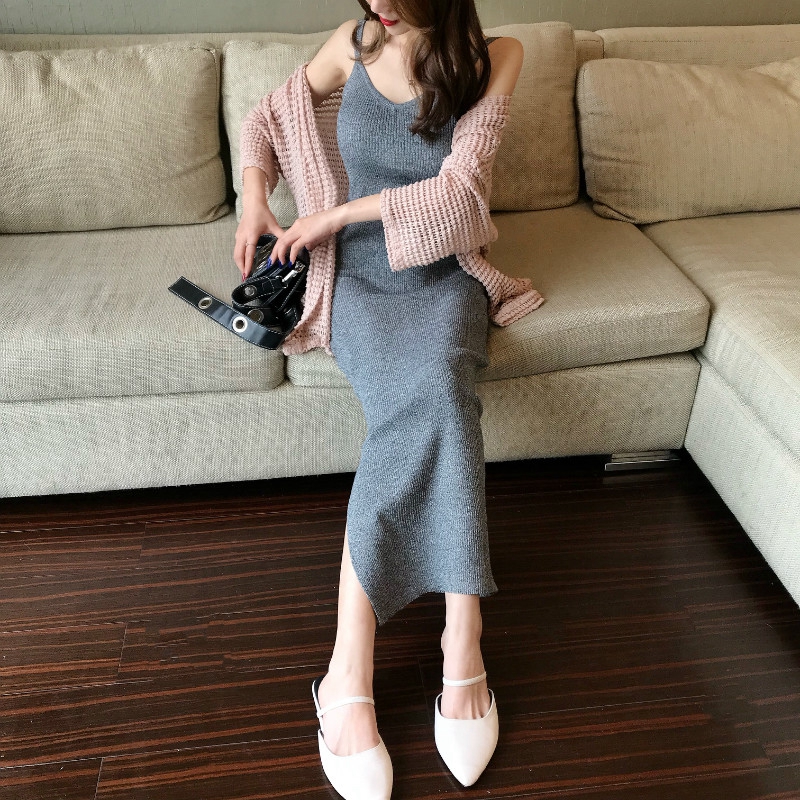 ロングワンピース キャミ リブ編み細身シルエットキャミソールワンピース