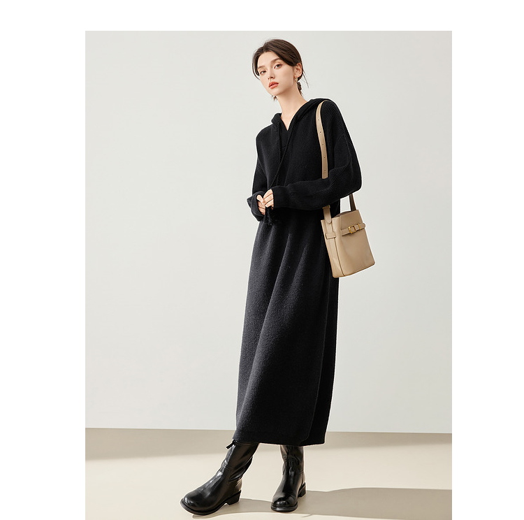 ロングワンピース ニット フード付きリラックスニットワンピース