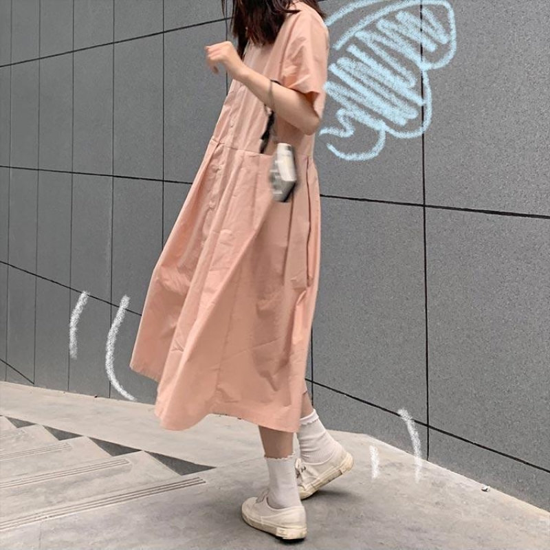 ロングワンピース シャツ 襟付き半袖ティアードロングワンピース