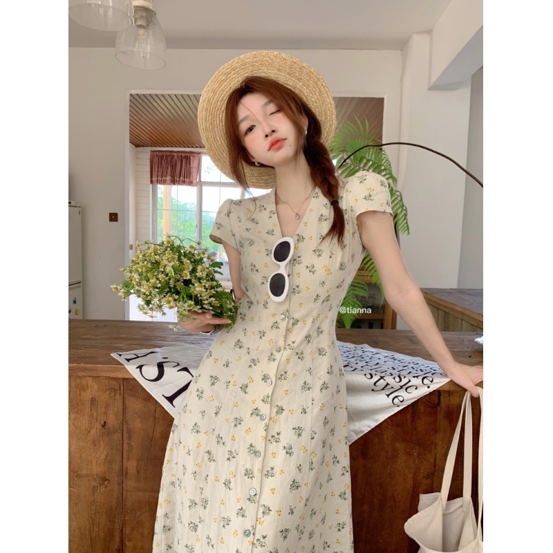 ロングワンピース シャツ 小花柄フロントボタン半袖ロングワンピース
