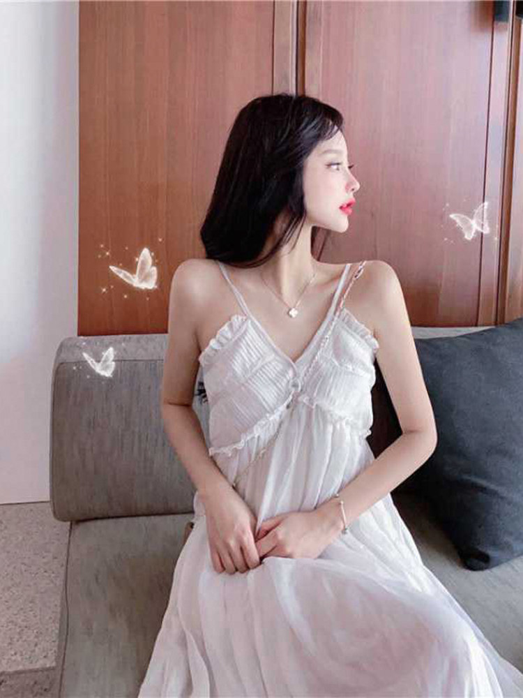 ロングワンピース キャミ 透け感シフォンフリル付きキャミソールワンピース