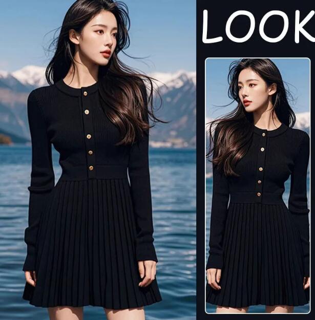 ロングワンピース 2026新品 レディース ニットミニワンピース 長袖プリーツ