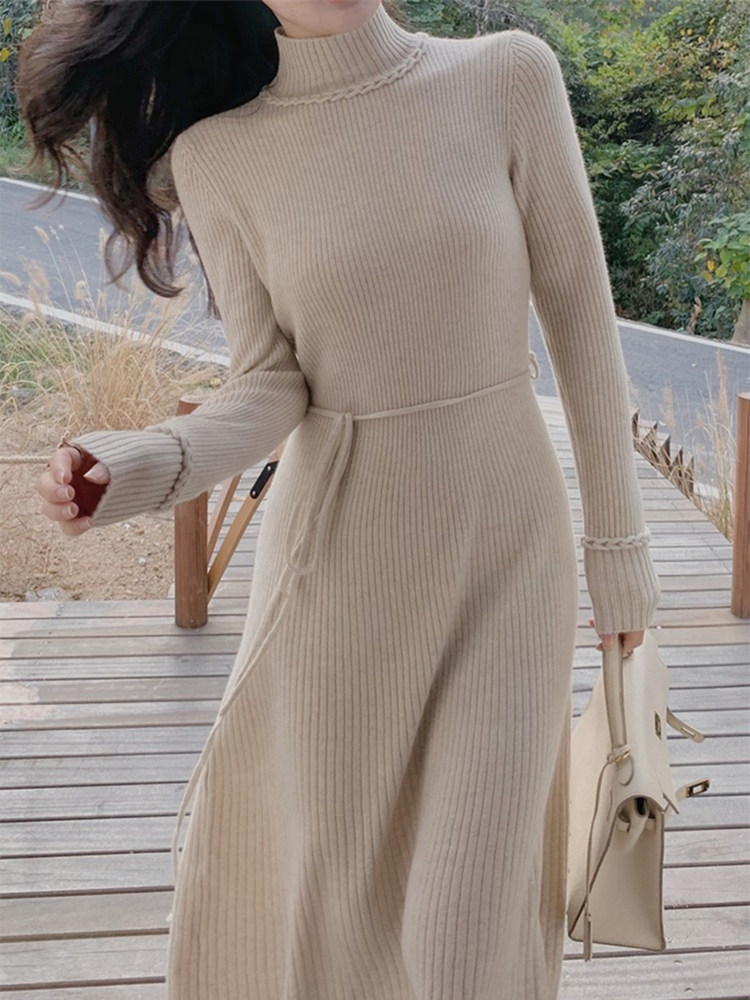 ロングワンピース タートルネック リブニットタートルネックロングワンピース