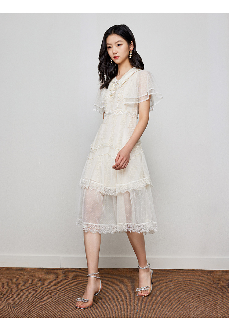 ロングワンピース レース 優美なドット柄レースロングワンピース