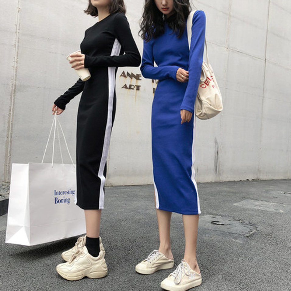 ロングワンピース スウェット サイドライン入りハイネックスウェットロングワンピース