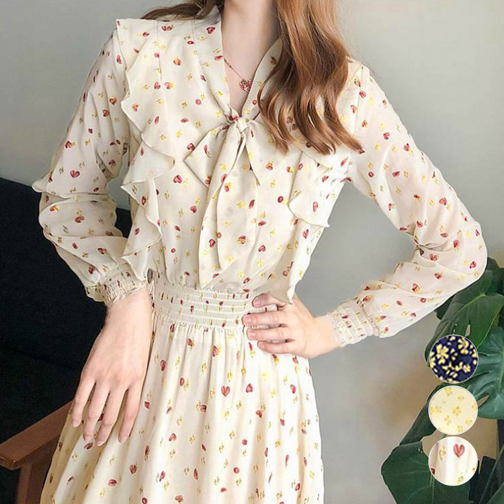 ロングワンピース 小花柄ボウタイフレアワンピース ハイウエスト長袖