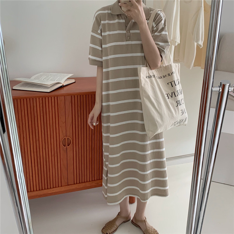 ロングワンピース スウェット 襟付きボーダー柄スウェットロングワンピース