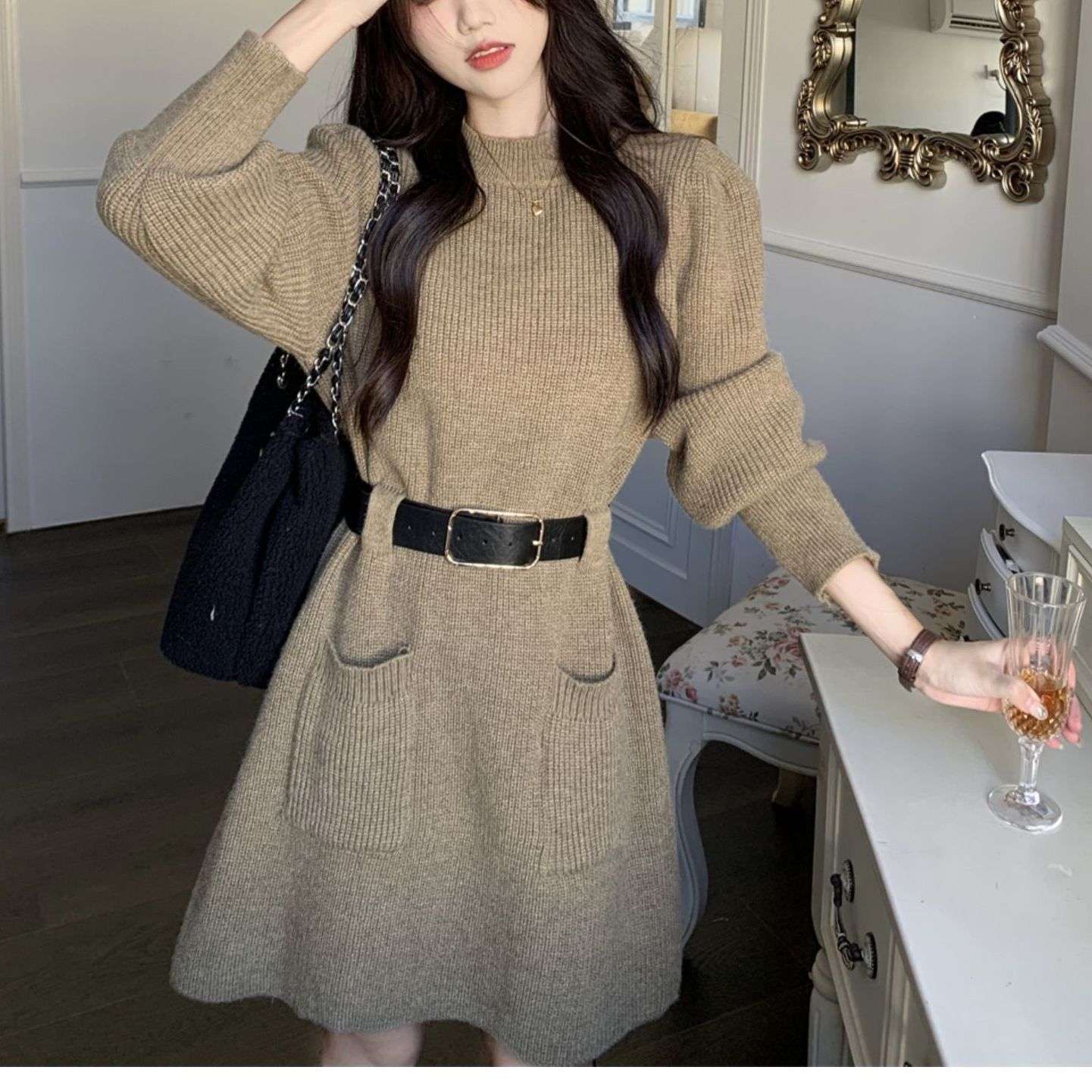 ロングワンピース ゆるふわベルト付きニットワンピース