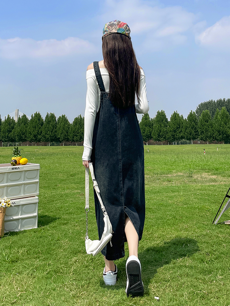 ロングワンピース デニム ナチュラルサロペットワンピース