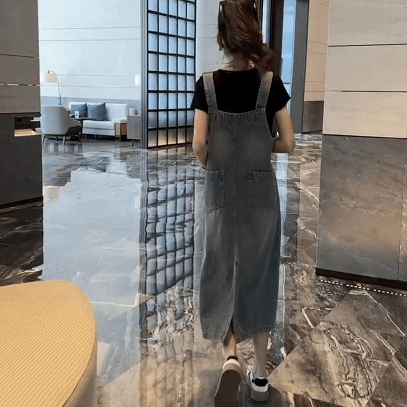 レトロ風デニムサロペットロングワンピース