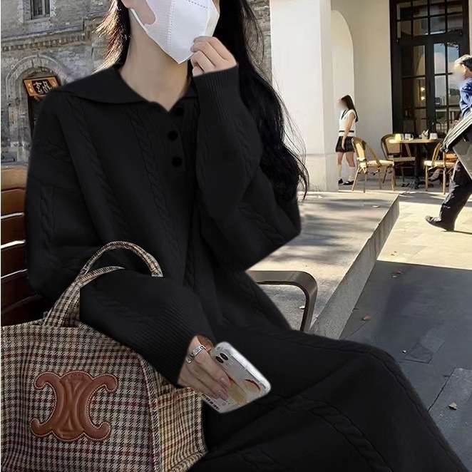 ロングワンピース ケーブル編みリボンポロワンピース