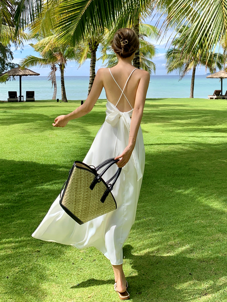 ロングワンピース キャミ 背中見せクロスストラップ リボン付きロングキャミワンピース