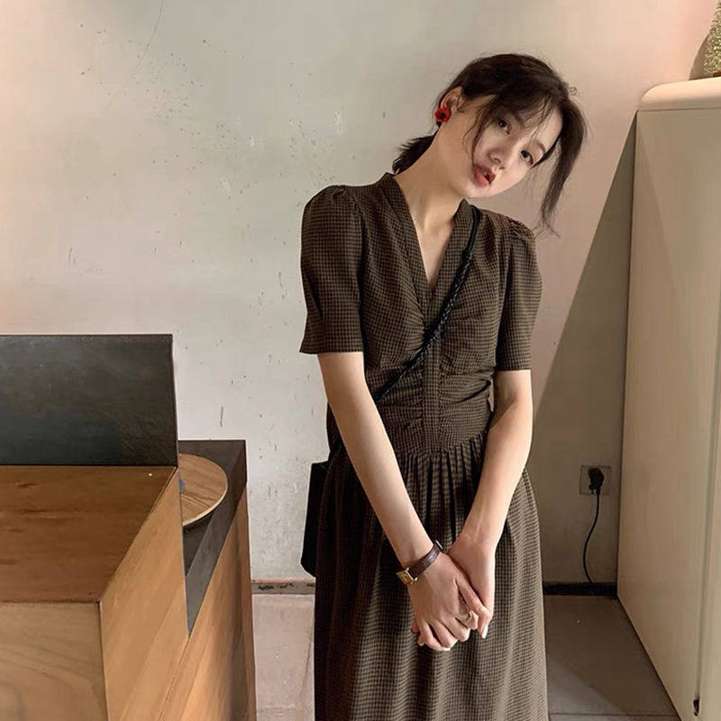 ロングワンピース シャツ 襟元ギャザー入り半袖格子柄ロングワンピース