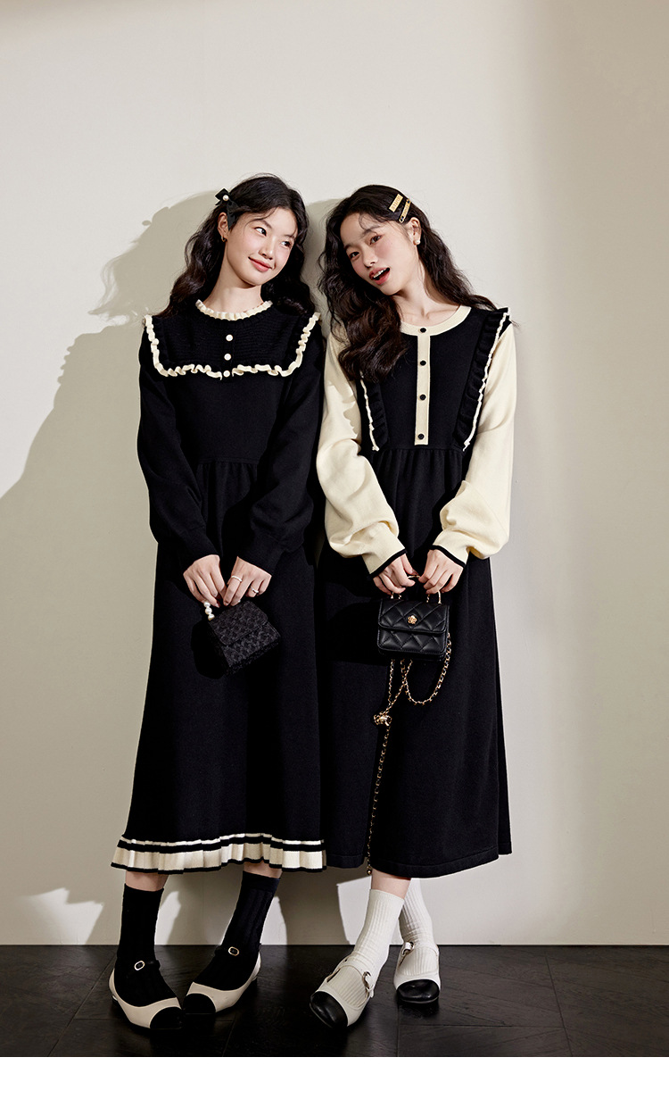 ロングワンピース フリル襟レトロニットワンピース