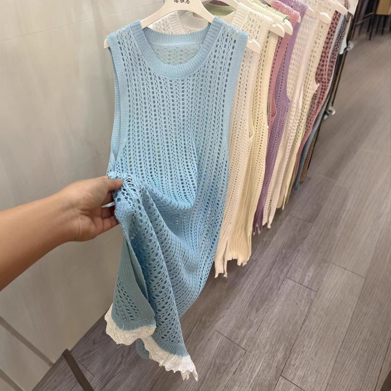 ロングワンピース 透かし編みニットノースリーブワンピース