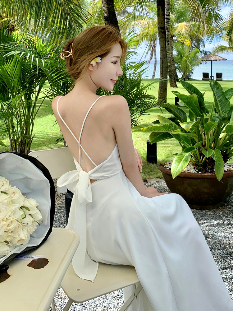 ロングワンピース キャミ 背中見せクロスストラップ リボン付きロングキャミワンピース