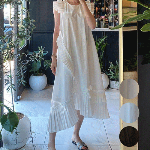 ロングワンピース 韓国風プリーツワンピース 不規則裾デザイン 夏の涼感ロング丈