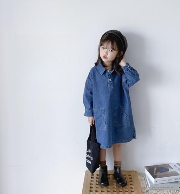 キッズデニムロングワンピース 長袖襟付き 100-160センチ