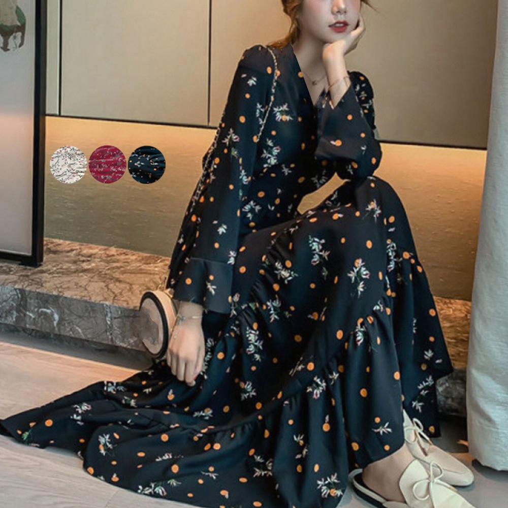 花柄ティアード長袖フレアロングワンピース