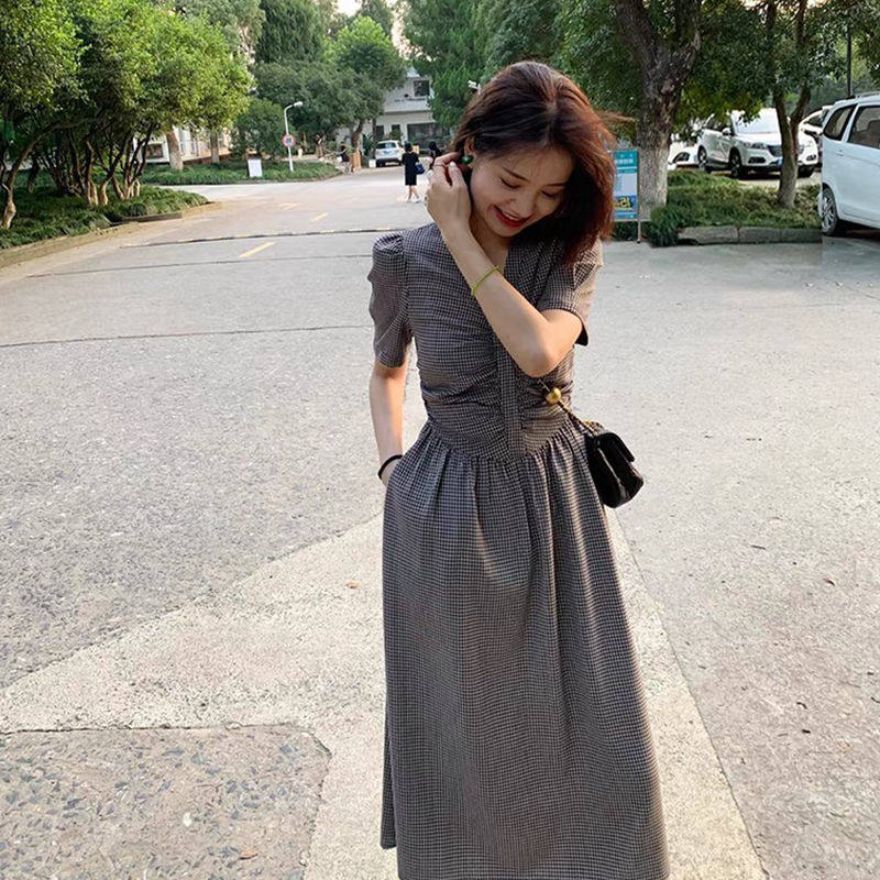 ロングワンピース シャツ 襟元ギャザー入り半袖格子柄ロングワンピース
