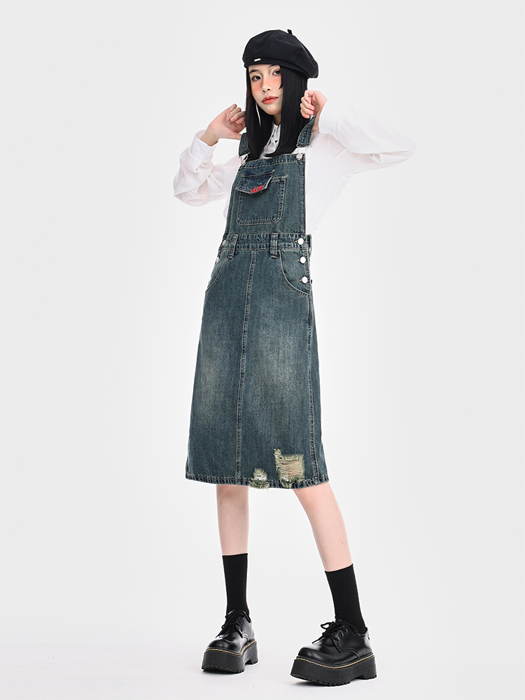 ワンピース デニム こだわりダメージ加工サロペット