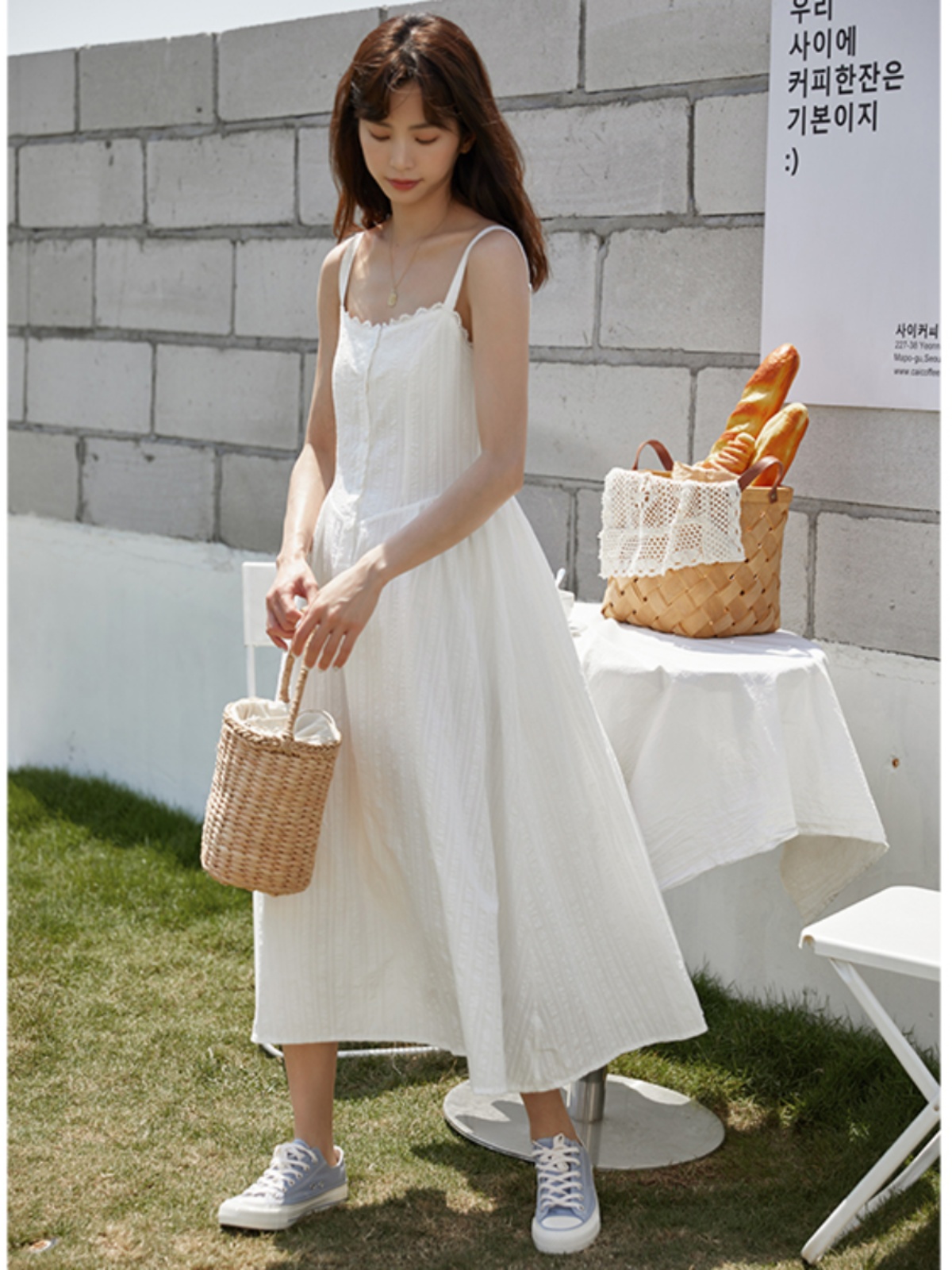 ロングワンピース キャミ 花柄刺繍レース細肩紐ロングキャミワンピース