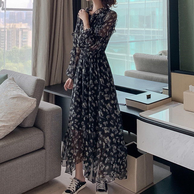 ロングワンピース 花柄長袖シャツワンピース きれいめロング丈大きいサイズ対応