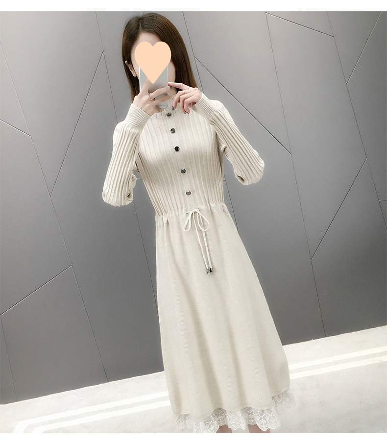 ロングワンピース レース付きリブニット ハイネックワンピース
