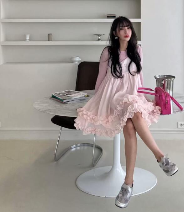 レディース フリル裾 レース切替 ロングワンピース