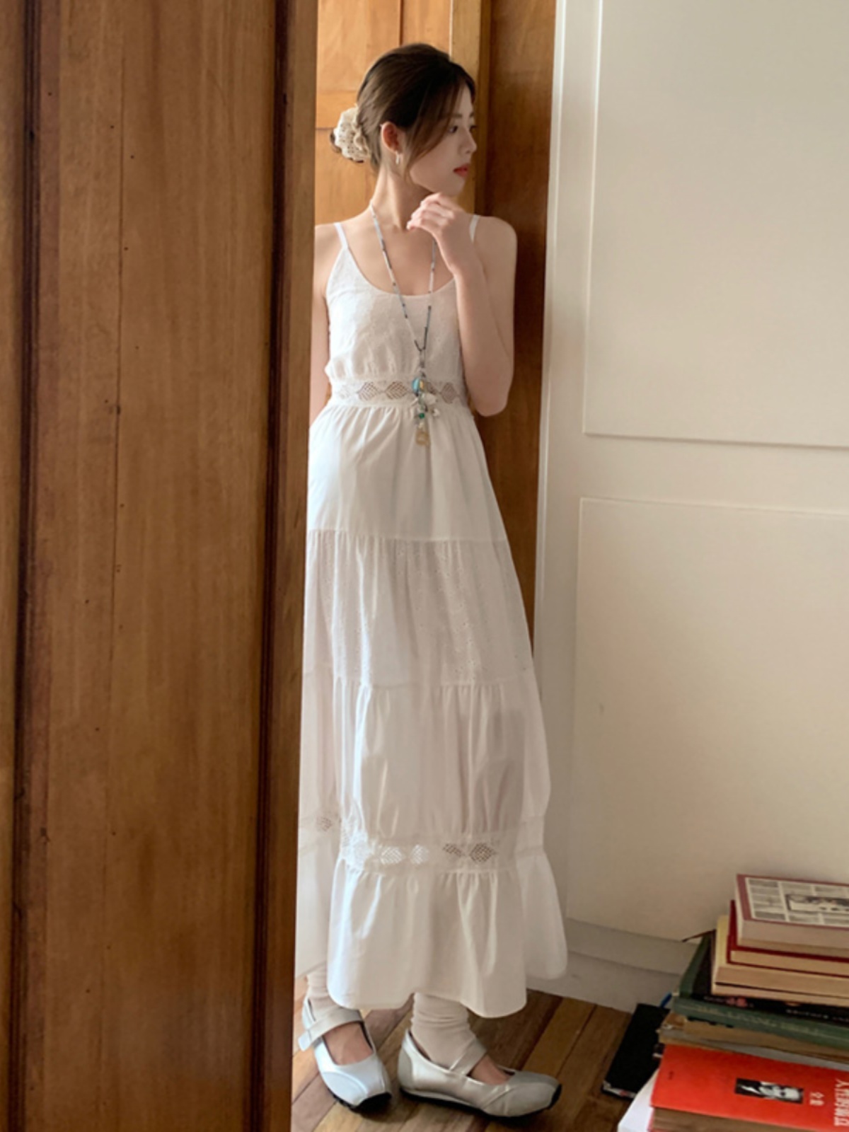 ロングワンピース レース 優美透かしレース切替ロングワンピース