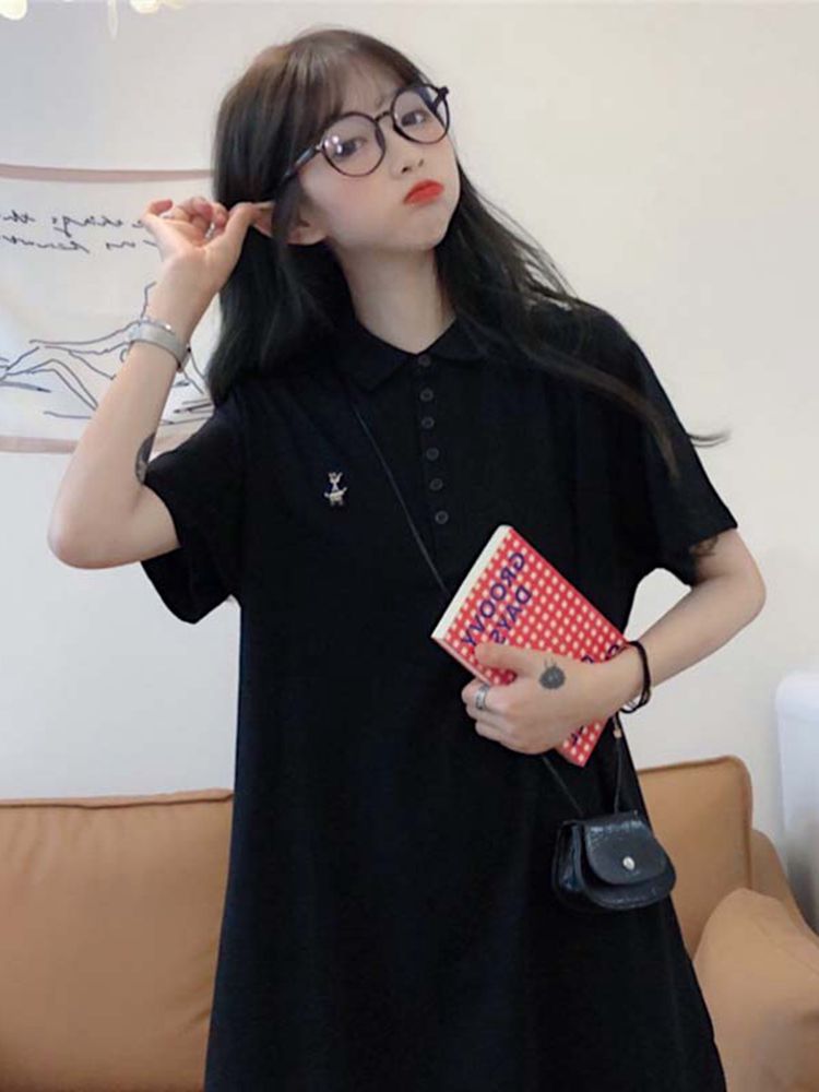 ロングワンピース ポロシャツ 襟付き半袖ゆったりシルエット膝丈ワンピース