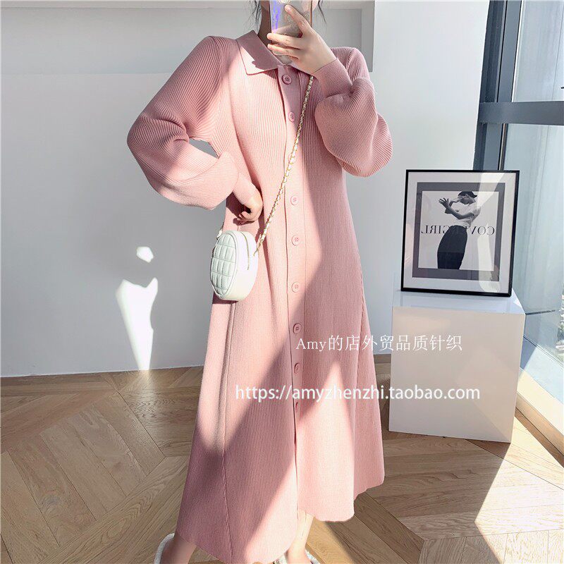 ロングワンピース ポロ 襟付きニットリブ編み長袖前開きロングワンピース