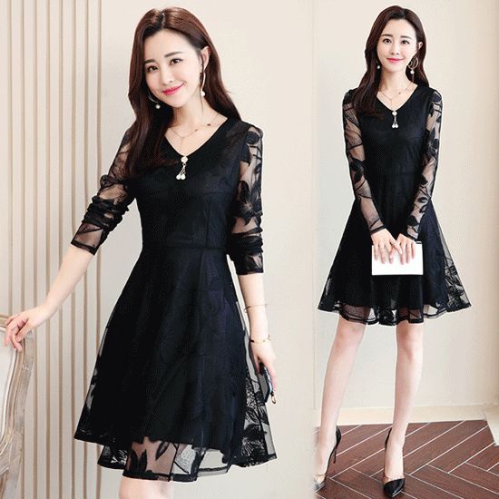 ロングワンピース 長袖レース膝丈ワンピース フォーマルドレス ブイネック