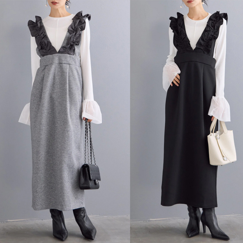 韓国風フリル襟ロングワンピース ブイネック ジャンパースカート