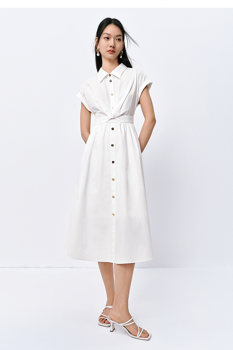 ロングワンピース シャツ 襟付き半袖ボタンフロントロングシャツワンピース