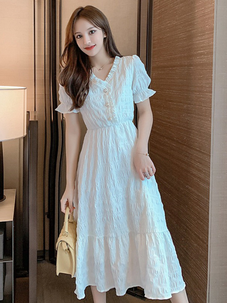 ロングワンピース シャツ シアー楊柳素材のパフスリーブシャツワンピース