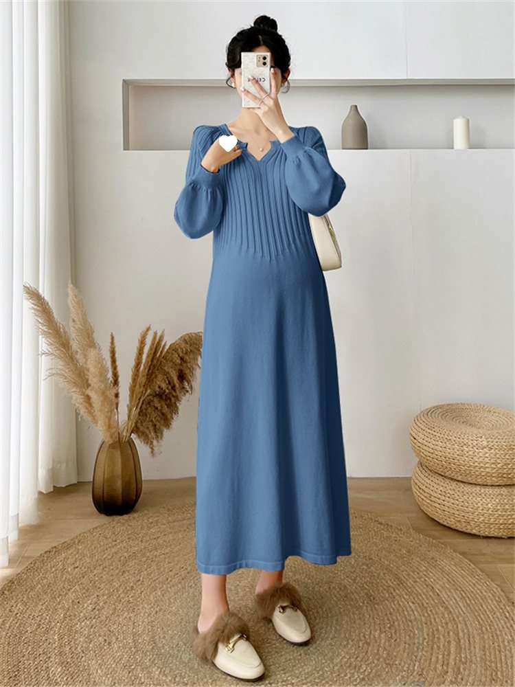 ロングワンピース シンプル優美リブ付きふんわり袖ワンピース