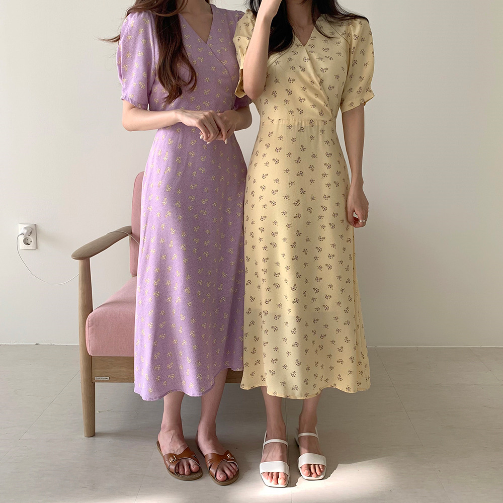 花柄タイトロングワンピース韓国風新作可愛いおしゃれ