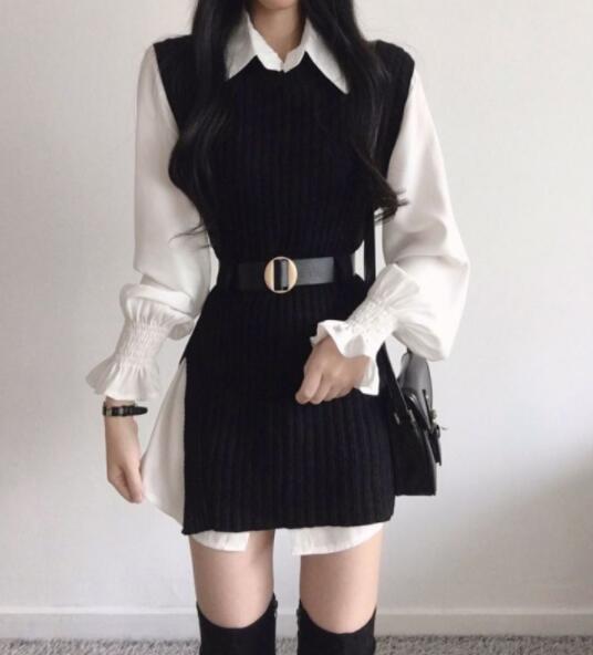 ロングワンピース 春物レディース白シャツ黒ニットベストセット