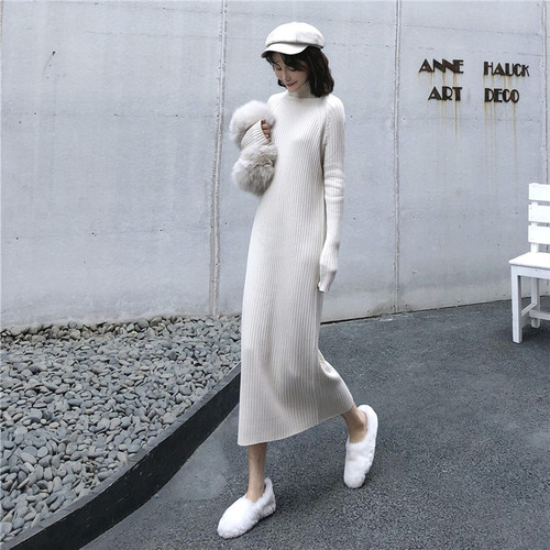 ロングワンピース タートルネック リブ編み長袖高襟ワンピース