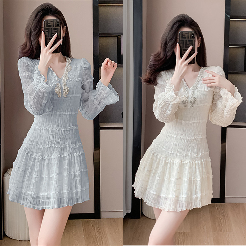 ロングワンピース フリル シフォンワンピース ブイネック 長袖 ミニドレス