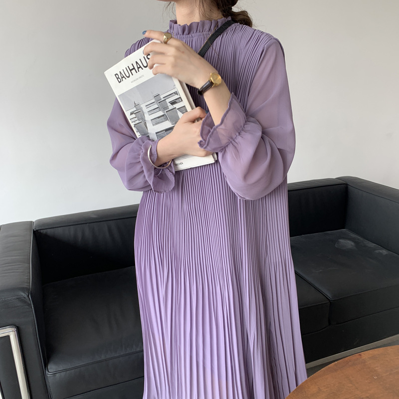 プリーツロングワンピース 長袖 体型カバー 着痩せ効果