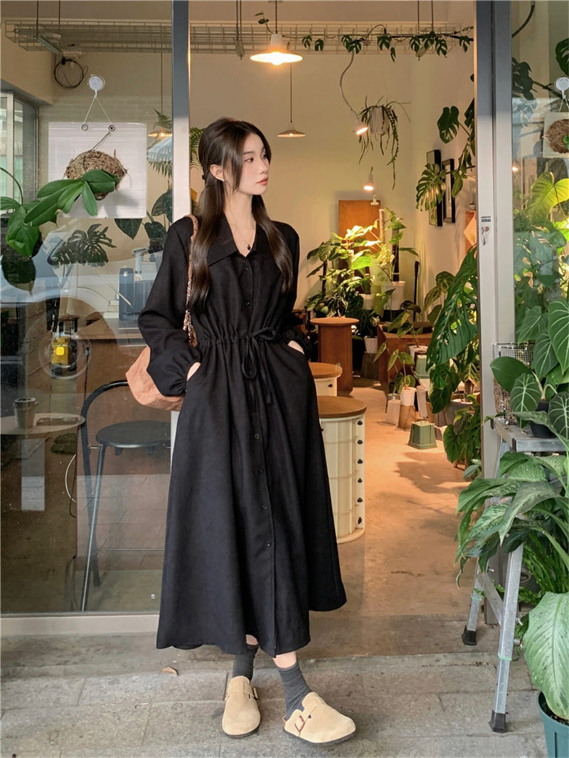 秋冬新作 ポロシャツ風 長袖 ウエストリボン ロングワンピース