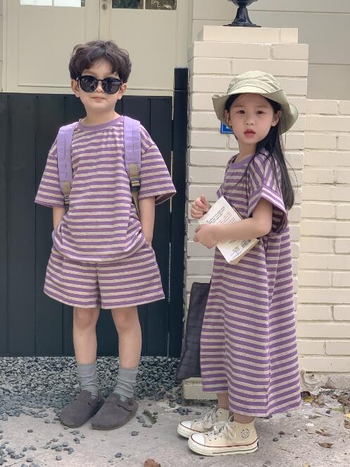 キッズ服 紫白ボーダー上下セット ロングワンピース 90-150
